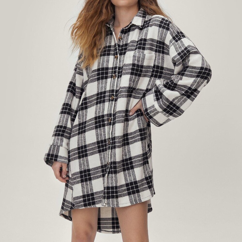 Nasty Gal Black and White Brushed Check Plaid Flannel Shirt Dress
